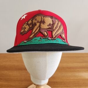 New Era Men's California Flag Embroidered Grizzly Bear Snap Back Hat Red Black